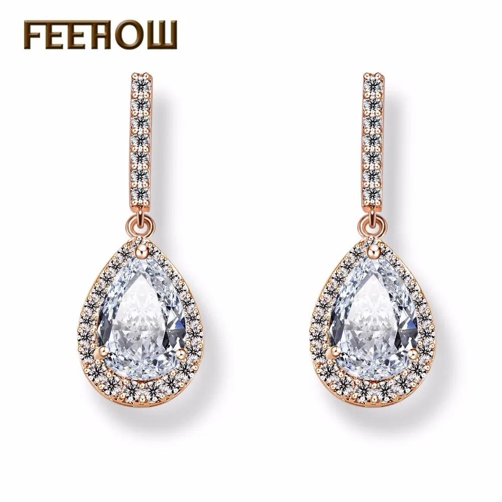

FEEHOW Charms Women Party Jewelry Fashion Teardrop Micro Inlay Craft Pear Shape Crystal Drop Earrings FWEP086