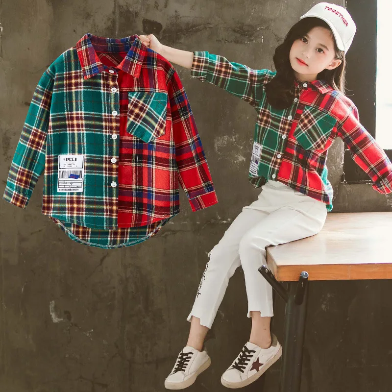 

2019 Fashion Girls Blouse Autumn Multicolor Lattice Stitching Tops Shirts Teenage Kids Clothes for Girls 6 8 10 12 Years Blouses