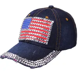 Для женщин американский флаг горный хрусталь джинсы Бейсбол Регулируемый Bling Hat Кепки однотонные летние Кепки фирменные Бейсбол Кепки