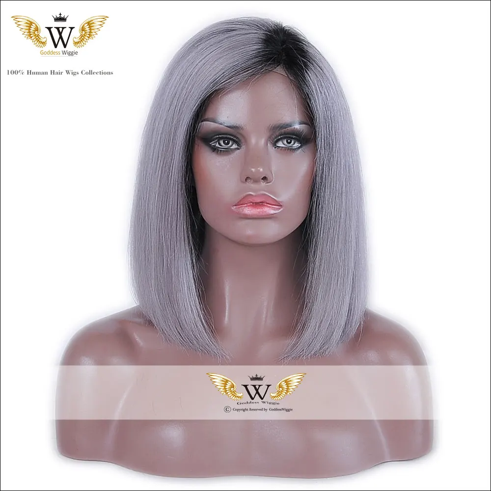 

7A Grade 5"x5" Silk Top Grey Human Hair Lace Front Wigs Glueless Grey Ombre Short Straight Bob Lace Front Wigs For Black Women