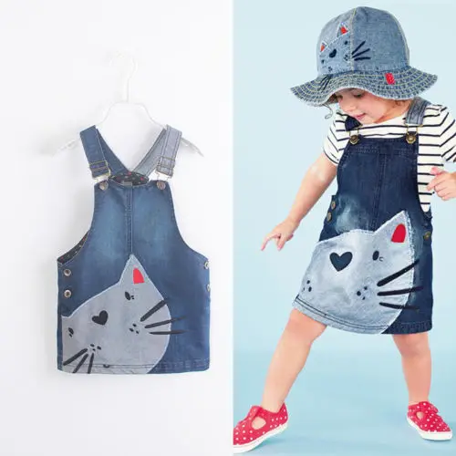 

Hot sale 2015 new arrival Baby Girls Kids Cat Denim Overalls Dress Braces 2-7 Yesrs