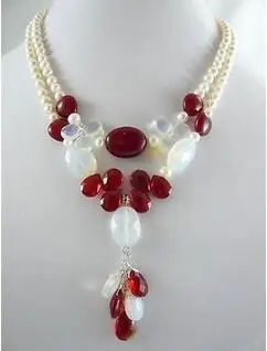 

Free Shipping >> Exquisite 2 Row White Pearl& Red Jade Stone Necklace gftj