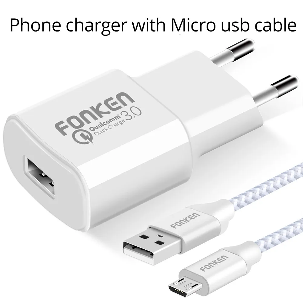 FONKEN Quick Charge 3,0 USB зарядное устройство Быстрая зарядка QC 3,0 2,0 18 Вт с быстрым зарядным кабелем настенный адаптер для мобильного телефона зарядное устройство s - Тип штекера: white with micro usb