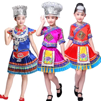 

Stage dance wear Outfits girls Miao Dancing Clothes set Children Chinese Folk dance costumes kids festive Stage wear costumes