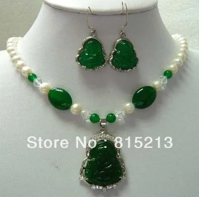 

ddh0280 white pearl & jade happy buddha necklace pendant + earrings