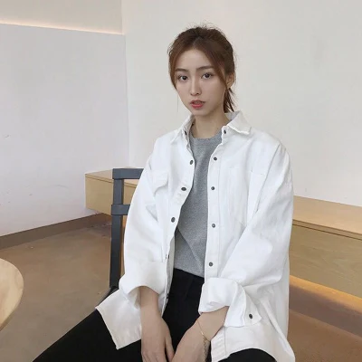 

Casual Loose White Denim Jacket Single Breasted Woman Jacket Turn-Down Collar Fashion Cool Jeans Coat Outerwear