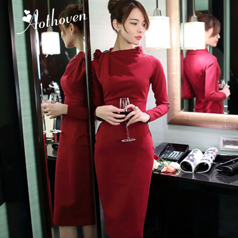 

Autumn High-end Pencil Dress Women Long Sleeve Bow Collar Vintage Dress Office Elegant Party Bandage Bodycon Dresses Vestidos