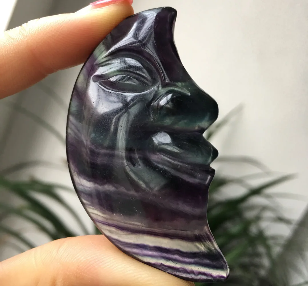 

44g Wholesale natural hand carved quartz crystal fluorite Moon Face for gift
