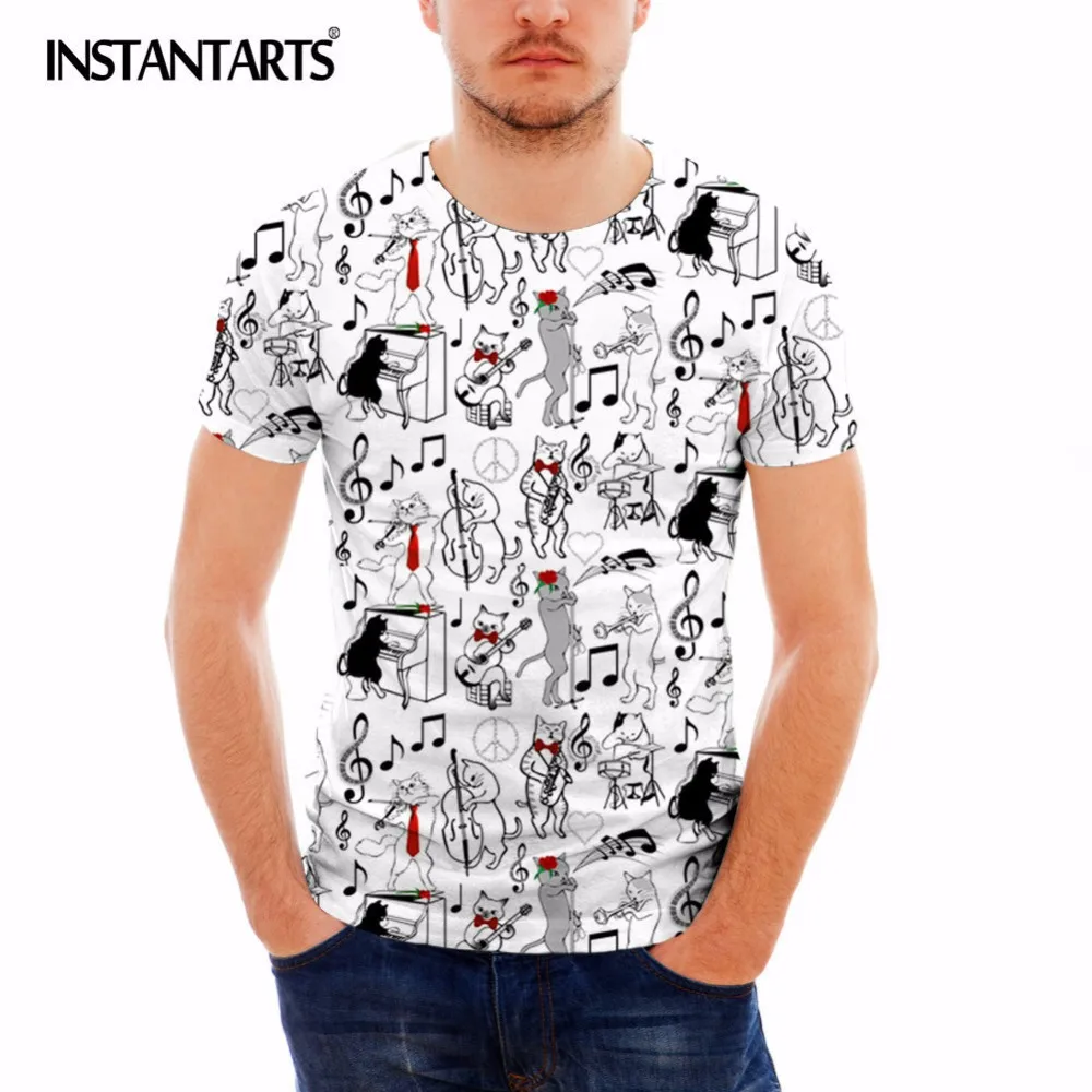 

INSTANTARTS 2018 Summer Men T Shirt 3D Cartoon Cat with Music Note Pattern Short Sleeve T-shirt for Man Casual O-neck Tops Shirt