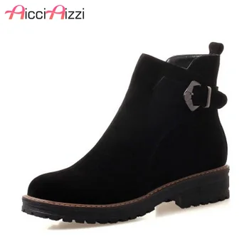

ZALAVOR Size 34-43 Women Flats Boots Fur Round Toe Zipper Metal Buckle Ankle Boots Fashion Classic Woman Shoes Women Footwear