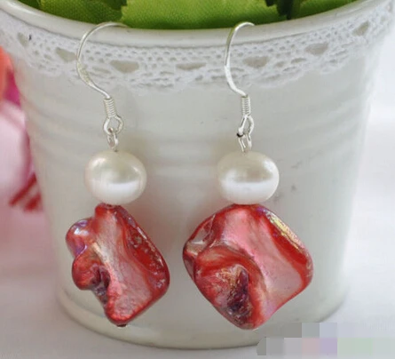 

1510 red square shell white round pearl DANGLE EARRING