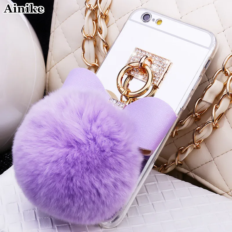 Ainike Luxury Metal Rope Mirror Soft TPU With Pendant Fur Ball Tassel Phone Case Cover For iPhone X 8 4s 5SE 6s Plus 6plus 7plus |