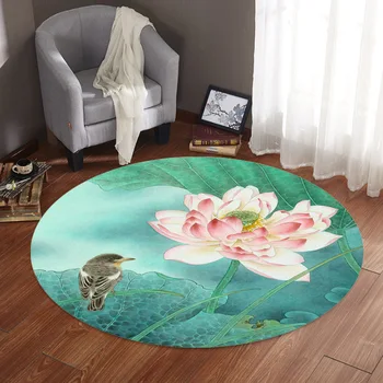 

3D Peony Flower Plants Print Round Carpet Non-slip Bathroom Mat Swivel Chair Yoga Carpet Mat Chinese Style Lotus Carpet