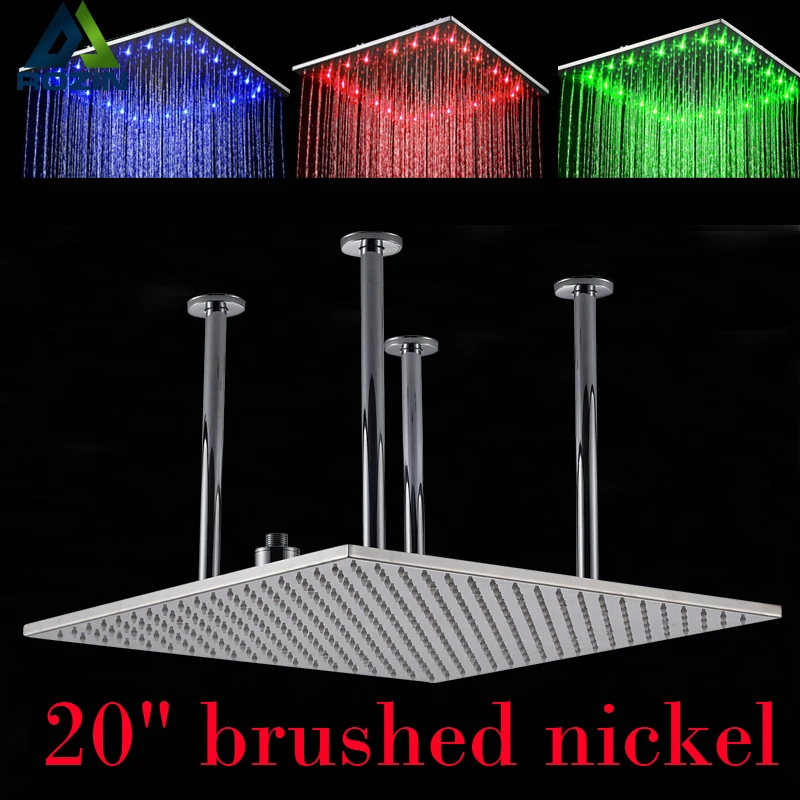 Chrome & Brushed Nickel Ceiling Mounted 20 Big Rainfall Shower Head Bathroom LED Light Huge 20 inch Rain Showerhead