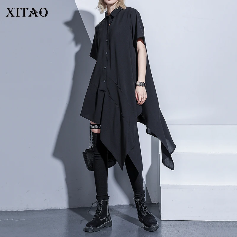 

[XITAO] Women Korea Fashion 2019 Summer Turn-down Collar Short Sleeve Dress Female Irregular Button Knee-length Dress DLL3373