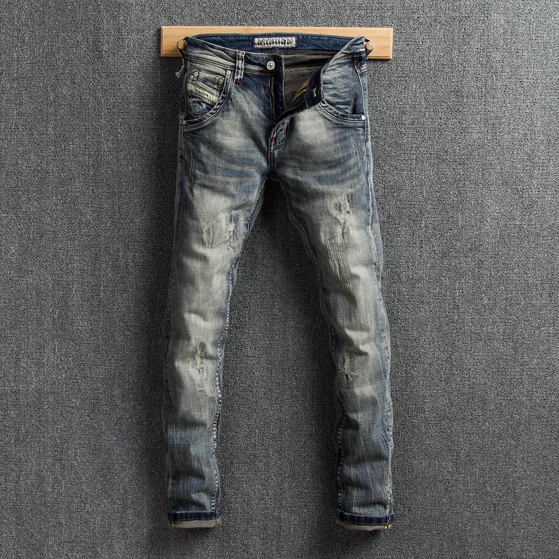 

Italian Style Fashion Men Jeans Vintage Designer Slim Fit Ripped Jeans Men Retro Wash Denim Distressed Pants Classical Jeans