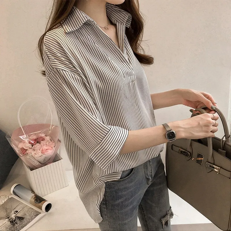 

Manubeau New 2018 Spring Casual Striped Women Blouses Shirts Loose Plus Size 4XL Turn-down Collar Female Tops Clothing Blusas