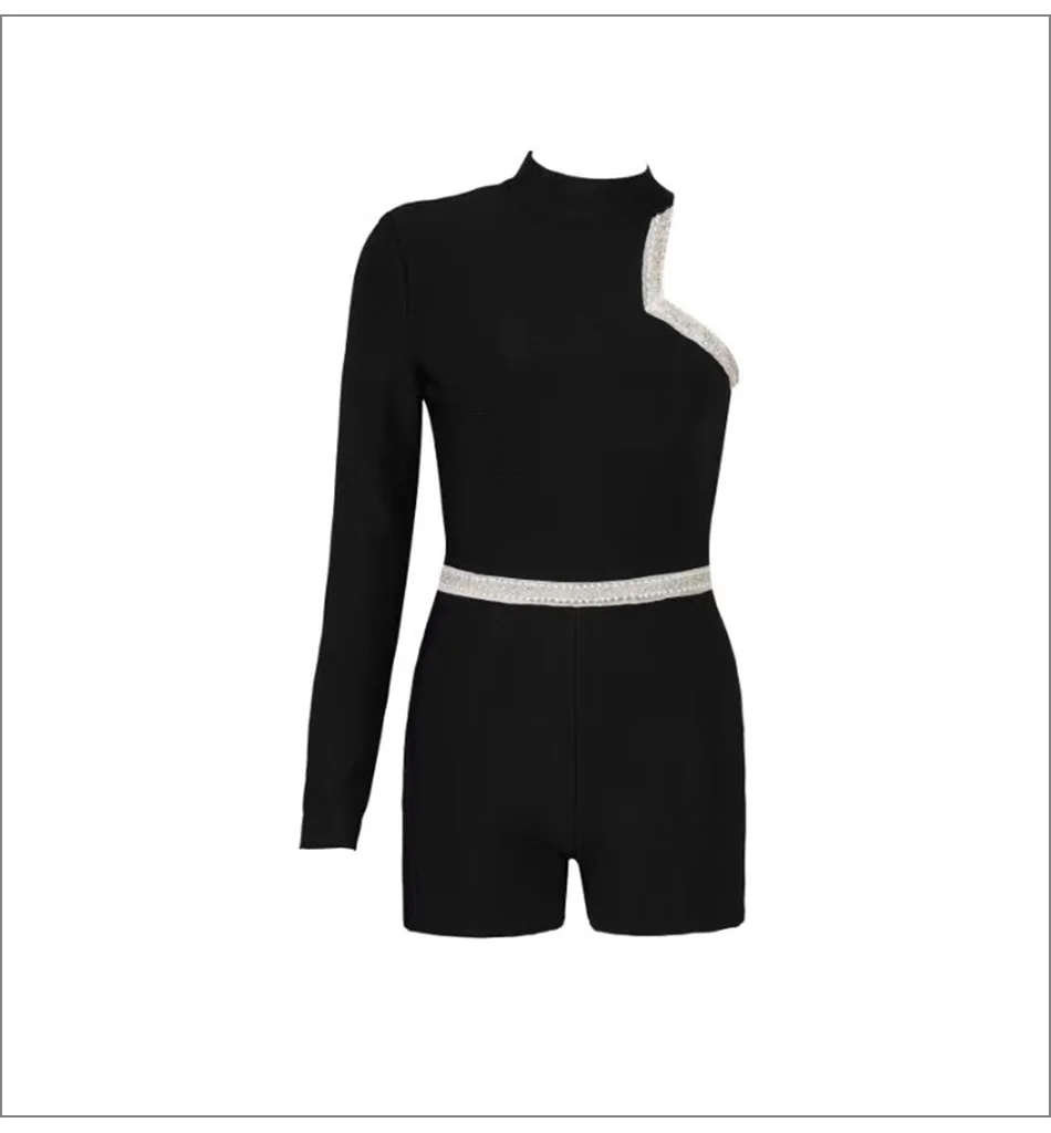 Высокое качество Лето Новинка; элегантные женские туфли-лодочки; модная черная футболка с длинными рукавами и закрытыми плечами, утягивающий комбинезон Шорты вечеринка Bodycon Club