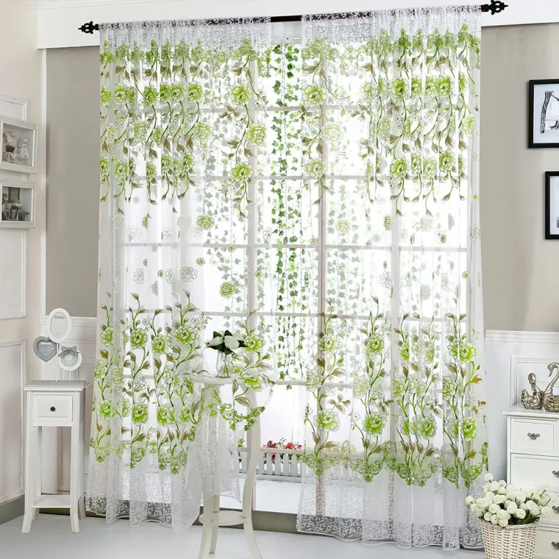 Flower Print Window Curtain Divider Tulle Voile Drape Panel Sheer Scarf Valances - Цвет: Зеленый