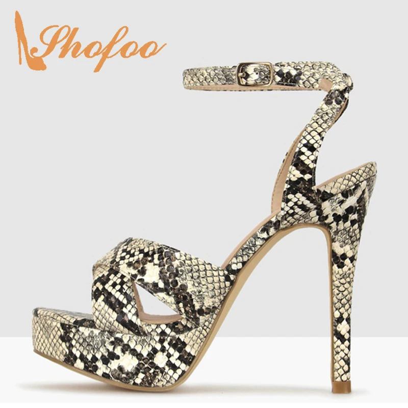 

Snake Pattern Print Stilettos Ankle Strap Platform Sandals Woman Buckle Lady Summer Shoes Big Size 12 15 High Thin Heels Shofoo