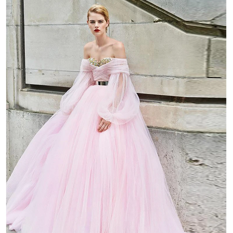 

Verngo 2019 Pink Tull Evening Dress Vintage Evening Gown Formal Dress Custom Made Abiye Gece Elbisesi Evening Dresses Long