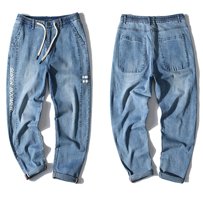

EL BARCO Denim Cotton Harem Jeans Men Black Blue Soft Casual Male Pants Summer Hip Hop Letter Streetwear Slim Pencil Trousers