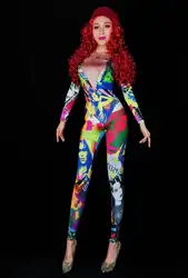 Модные яркие окраски спандекс комбинезон певица стрейч боди цельный стрейч Для женщин День рождения этап наряд