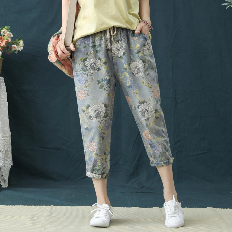 Summer Capris Vintage Elastic High Waist Jeans Woman Boyfriend Floral Print Jeans Women Denim Harem Pants Summer Capris Vintage Elastic High Waist Jeans Woman Boyfriend Floral Print Jeans Women Denim Harem Pants
