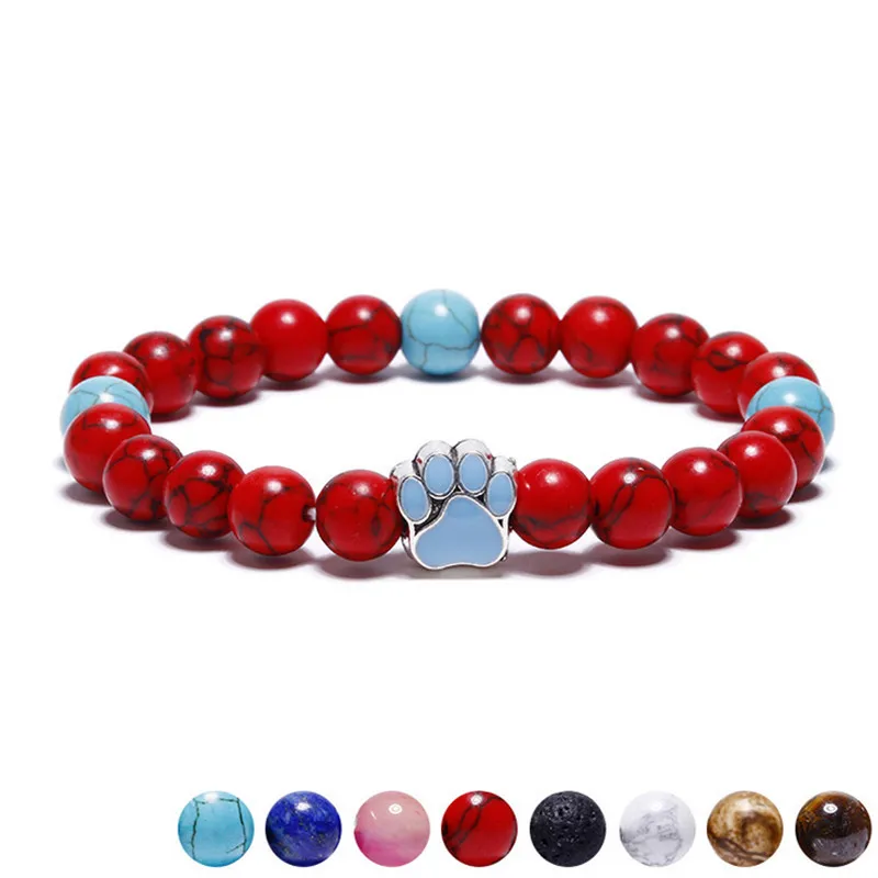 

11 Colors 8mm Natural Stone Beads Bracelets Dog Cat Footprint Paw Charms Women Men Bracelet Pet Lovers Elastic Rope Pet Jewelry
