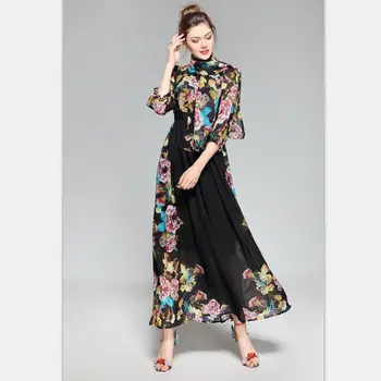 

Women Maxi Dress 2019 High Quality Designer Runway Dresses O-Neck Three Quarter Sleeve Floral Printed Scarf Long Dress NPD0593