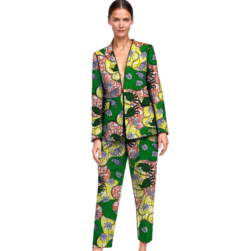 Elegant African print women blazer with trouser set dashiki business style Ankara female pant suits customized for ladies