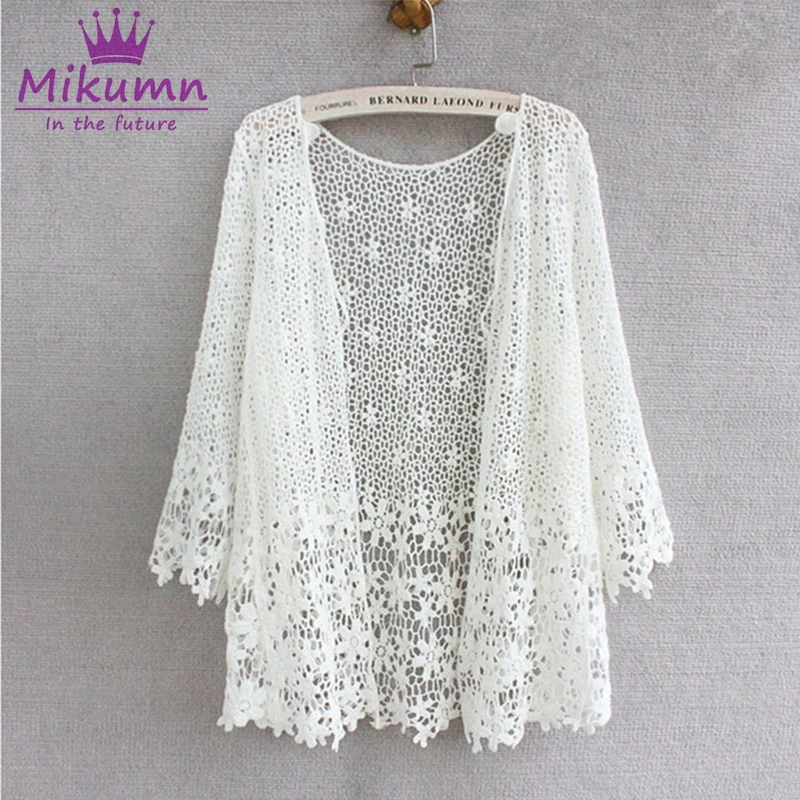 Mikumn Blusas Femininas, лето, новинка, женский милый кружевной кардиган с цветочным рисунком, с вырезами, вязанный крючком, блузка, пляжные топы, Camisas Mujer