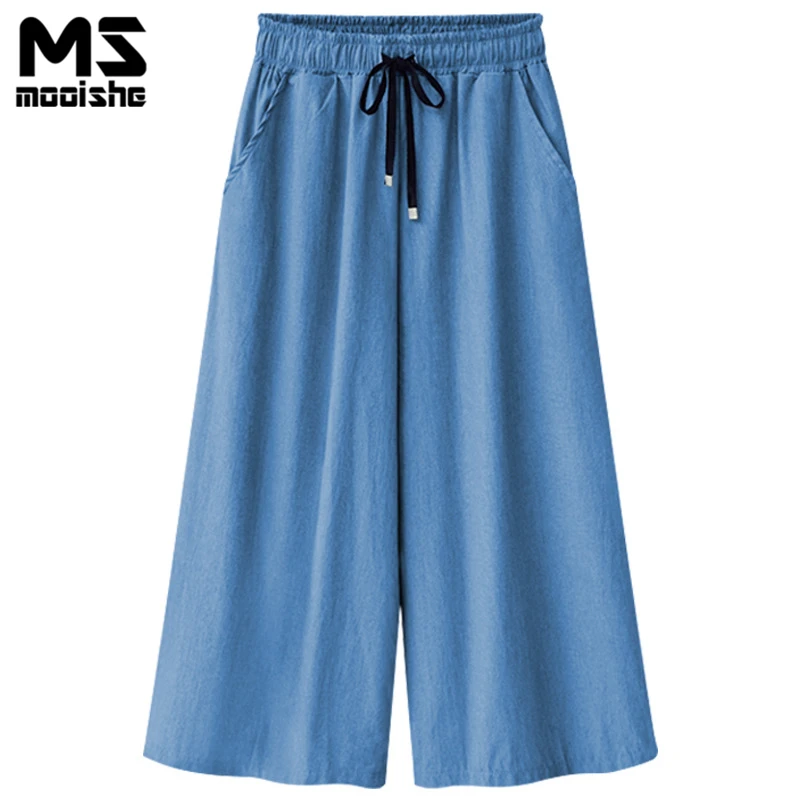 Mooishe Summer Wide Leg Jeans Capris For Women Elastic Hig Waist Cropped Drawstring Culottes Denim Pants