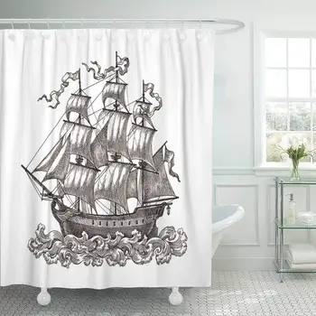 

Shower Curtain with Hooks Galleon Ink and Pen Drawing Ancient Sail Ship on White Medieval Boat Old Vintage Sea Bathroom