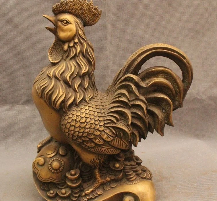 

14" Chinese China Folk Bronze Wealth Zodiac Year Money Rooster Cock Ru Yi Statue