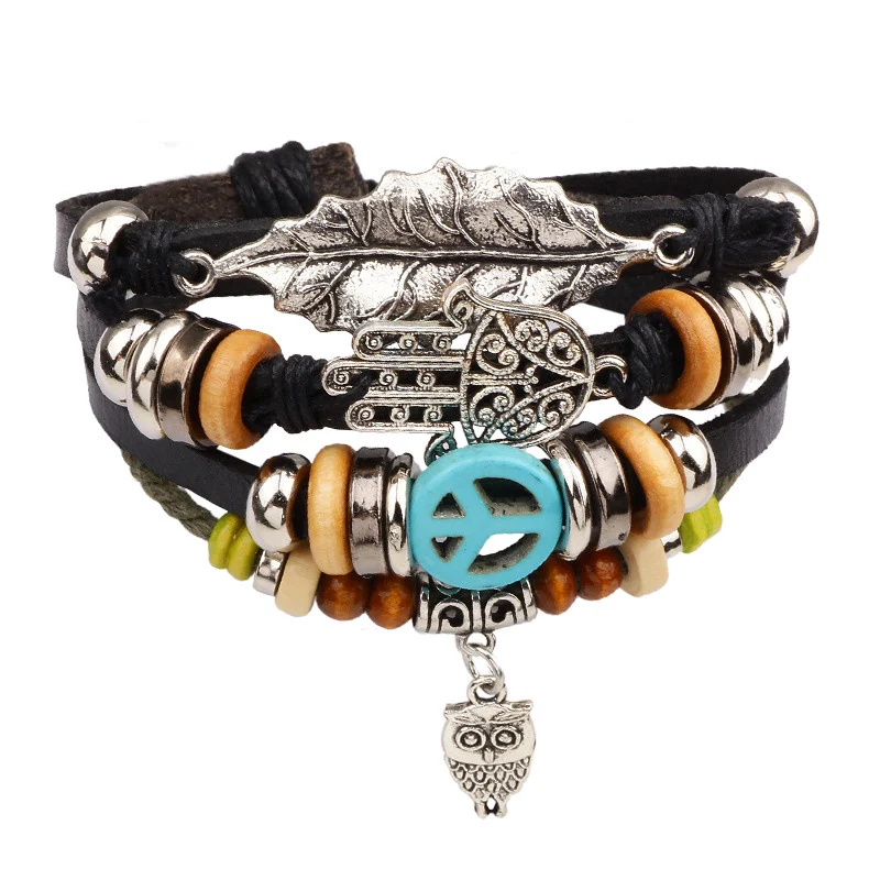 NIUYITID Owl Bracelet For Men Women Leather Jewelry Turkish Eye Bracelet Stone Pulseras Hombre Dropshipping (21)