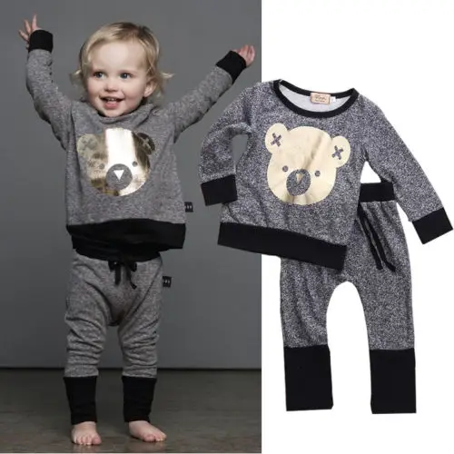  Unisex Winter Toddler Baby Boy Clothes Long Sleeve Cartoon Cute BEAR Printed T-Shirt + Pant Outfit 