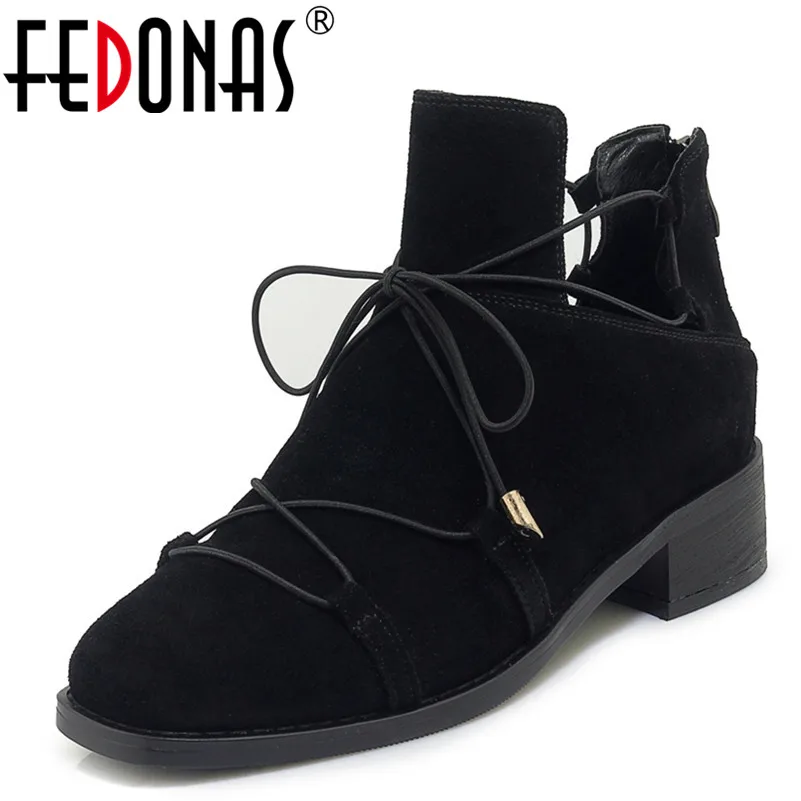 

FEDONAS 1Fashion Women Ankle Boots Autumn Winter Warm Cow Suede Square Heels Shoes Woman Round Toe Cross-tied Brand Basic Boots
