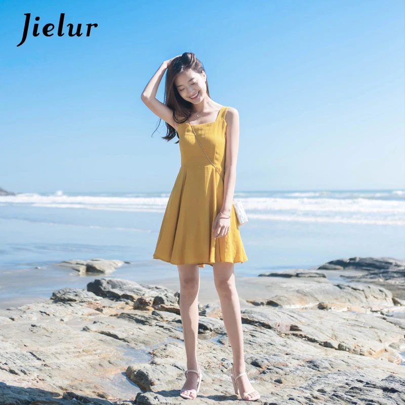 Jielur новый летний корейский для отдыха желтый Для женщин платья однотонное без