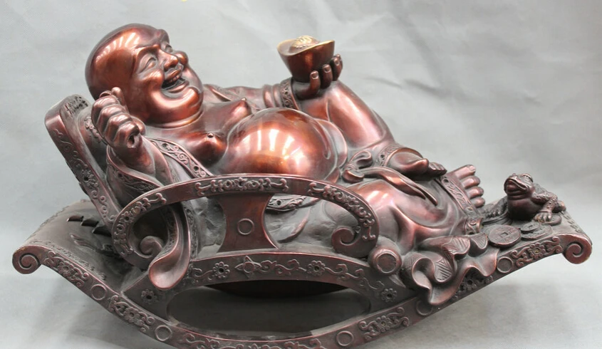 

USPS to USA S2358 19" Chinese Buddhism Bronze Sleep Happy Laugh Maitreya Buddha Yuanbao Statue (B0328)