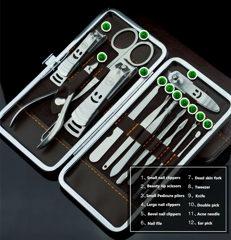 12 шт./компл. маникюрные инструменты для ногтей комплект ногтей машинка для стрижки волос, пинцет для выщипывания, Ножи маникюрные наборы с отделкой поверхности в стиле "каменная кожа чехол для ухода за ногтями Маникюрный