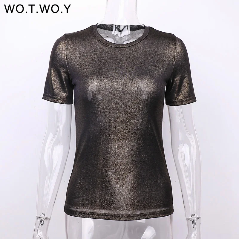 WOTWOY Лето 2018 блестящие футболки Для женщин Slim Fit люрекс Топы женские Повседневное