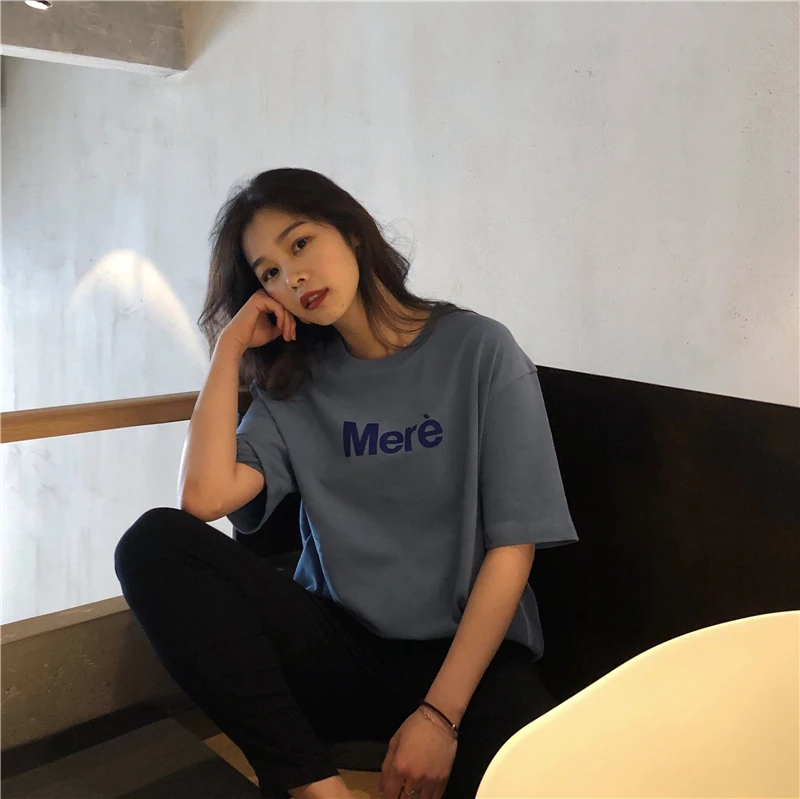 Camiseta Mujer летняя одежда корейский стиль Ulzzang Harajuku футболка с круглым вырезом и буквенным принтом женская футболка с коротким рукавом топы