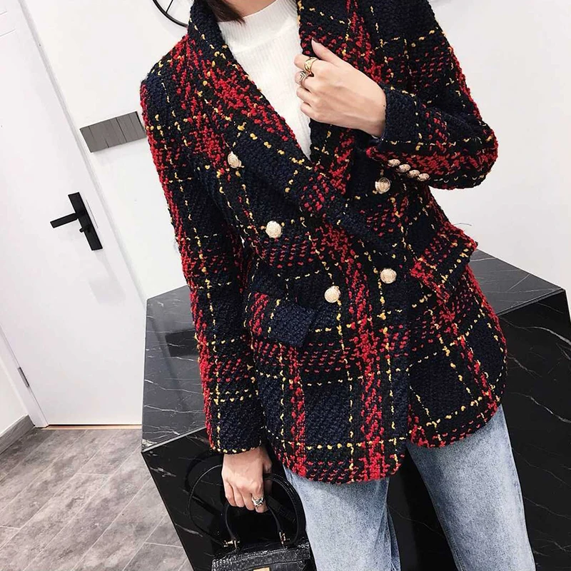 

HAGEOFLY New Tweed Plaid Blazer Women's jacket Line Red Plaid Weave Double-Breasted Lion Women Blazer Autumn Winter Top Quality