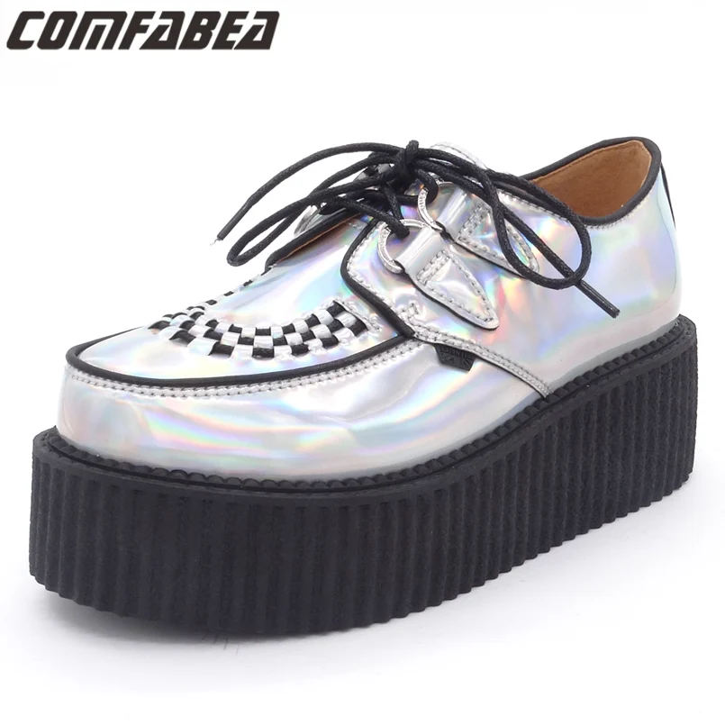 Spring Autumn 2018 Fashion Silver Laser Hologram Women Goth Punk High