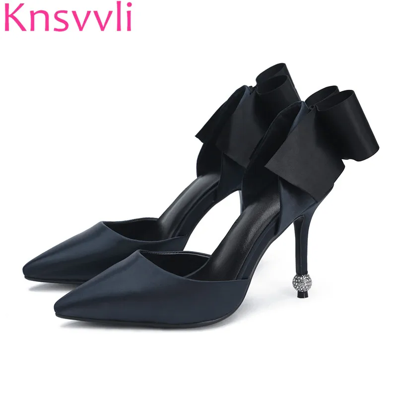 

Knsvvli Spring Autumm Satin Fabrics Black White High-Heeled Pointed Woman Bowknot Rhinestone Sexy High Heels Red Wedding Shoes