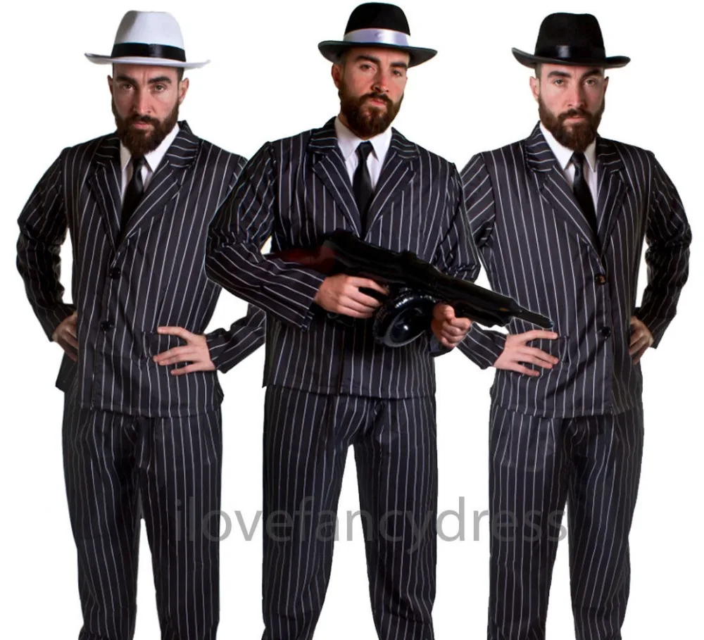 Costume Fancy Dress Mafia Medium Black /& Gold Mens Pinstripe Gangster Suit