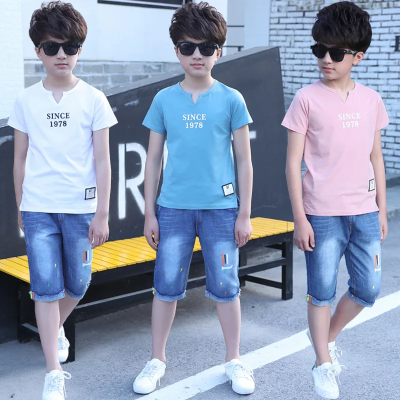 

2018 Hot Boys Summer Clothes Sets Children Letter Kids Boys Jeans Set Short T Shirt Boys Clothes 5 6 7 8 9 10 11 12 13 14 Years