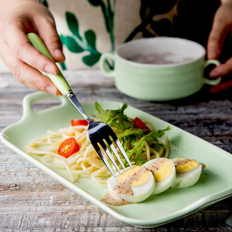 

Breakfast Tableware Set With Two Ears Binaural Dinnerware Creative Tray Dessert Plate Ceramic Bowl Dish Spoon Forks Cutlery