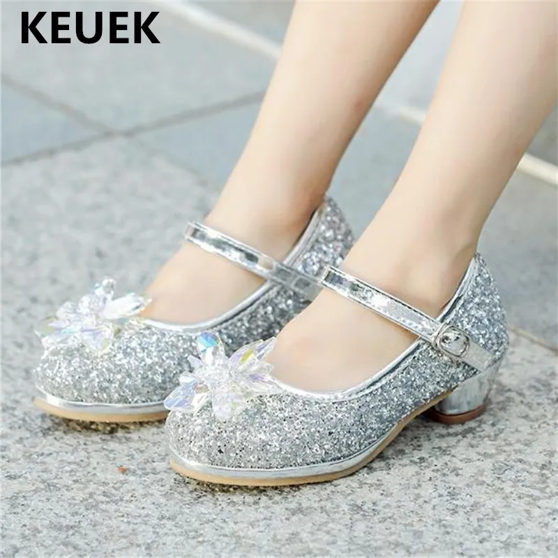

New Girls Dance Shoes Performance Leather Shoes Student Princess Party Crystal Dress Shoes Children Kids High-heel Shoes 02C